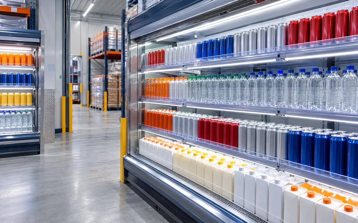 Refrigerated display of bottled drinks and juices