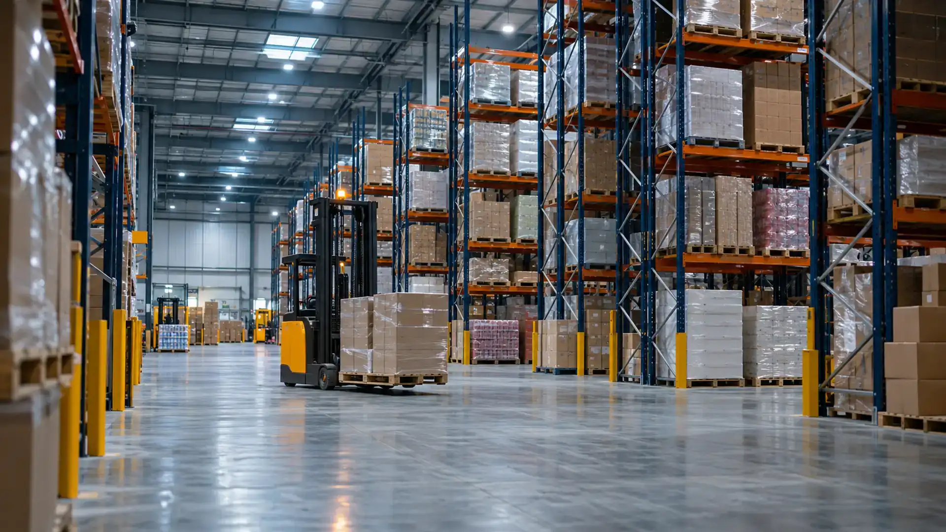 Warehouse aisle with pallet racking, stocked shelves and a forklift