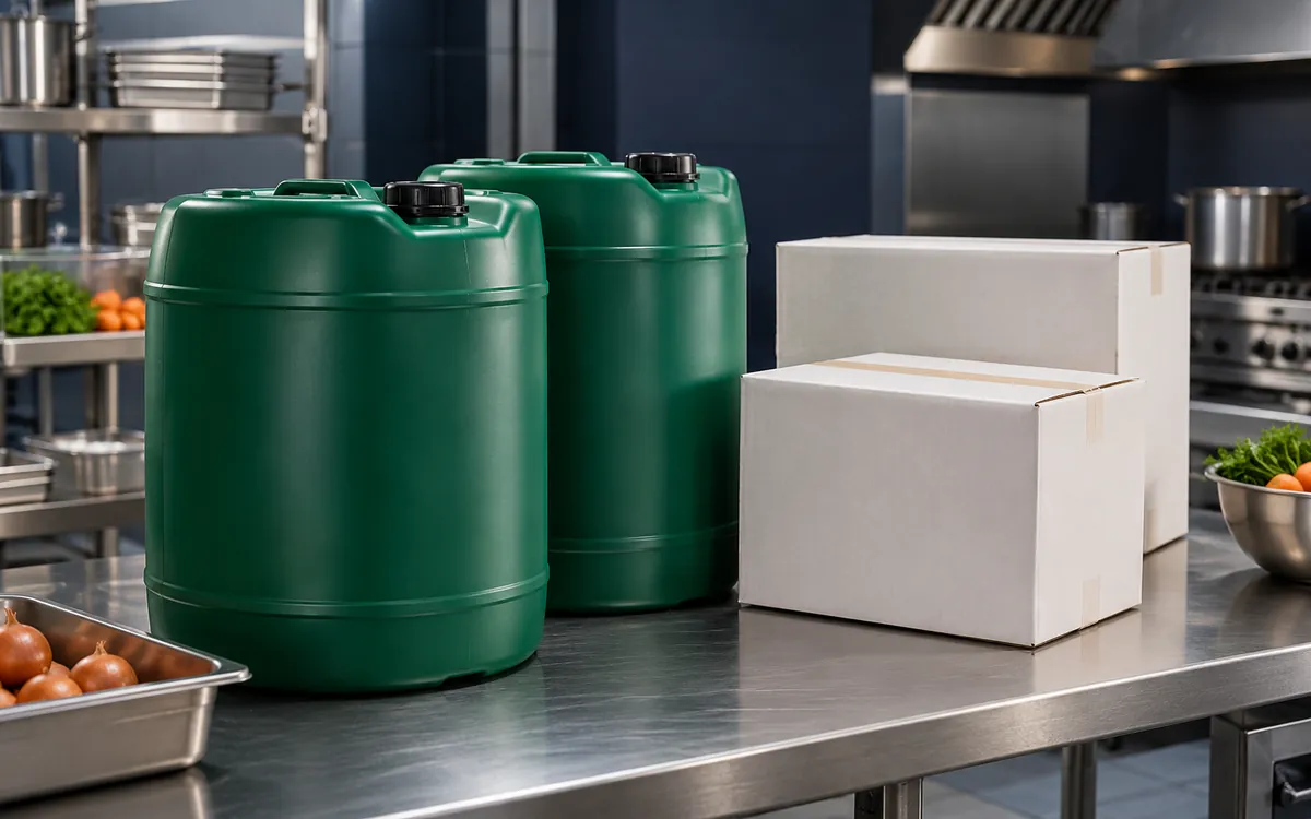 Green cooking oil containers and cartons on a commercial kitchen bench