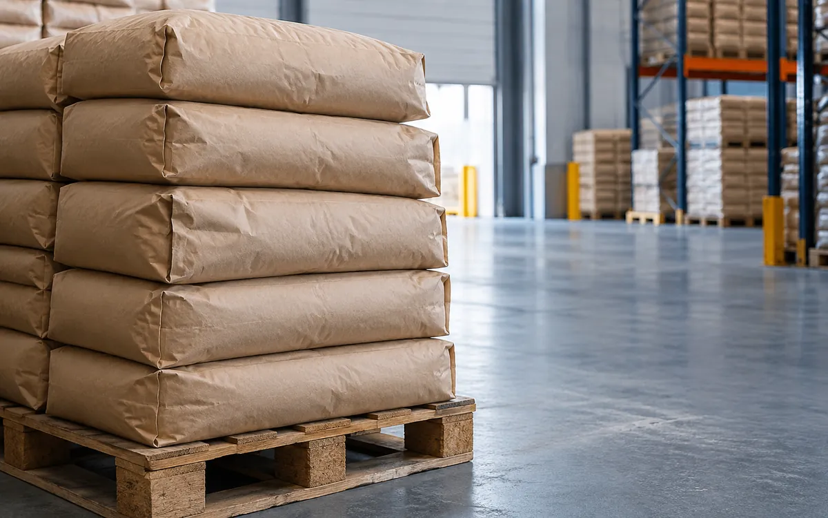 Pallets of paper flour sacks stacked in a clean modern warehouse